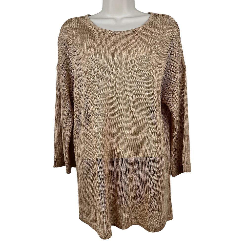 J. Jill Loose Knit Linen Sweater 3/4 Sleeve Tan Medium Coastal New England Beach